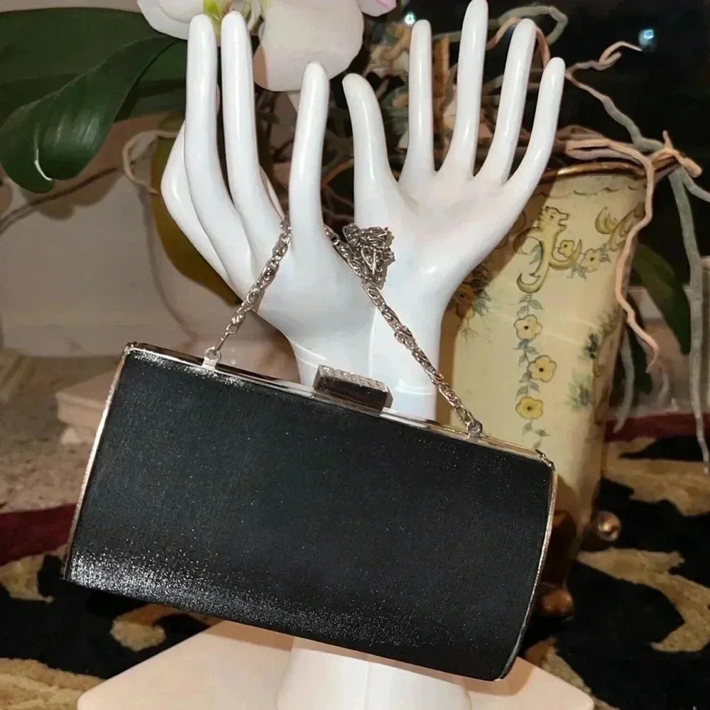 Little Black Handbag Women’s Shoulder Wristlet Evening Purse Silver Rhinestones
